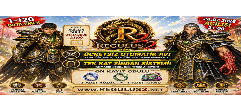 Regulus2 – 1-120 Orta Emek Simya/Kuşak/Kemer Aktif, Lycan/P2W Yok, TL Ödüllü Turnuvalı Metin2 PvP Sv